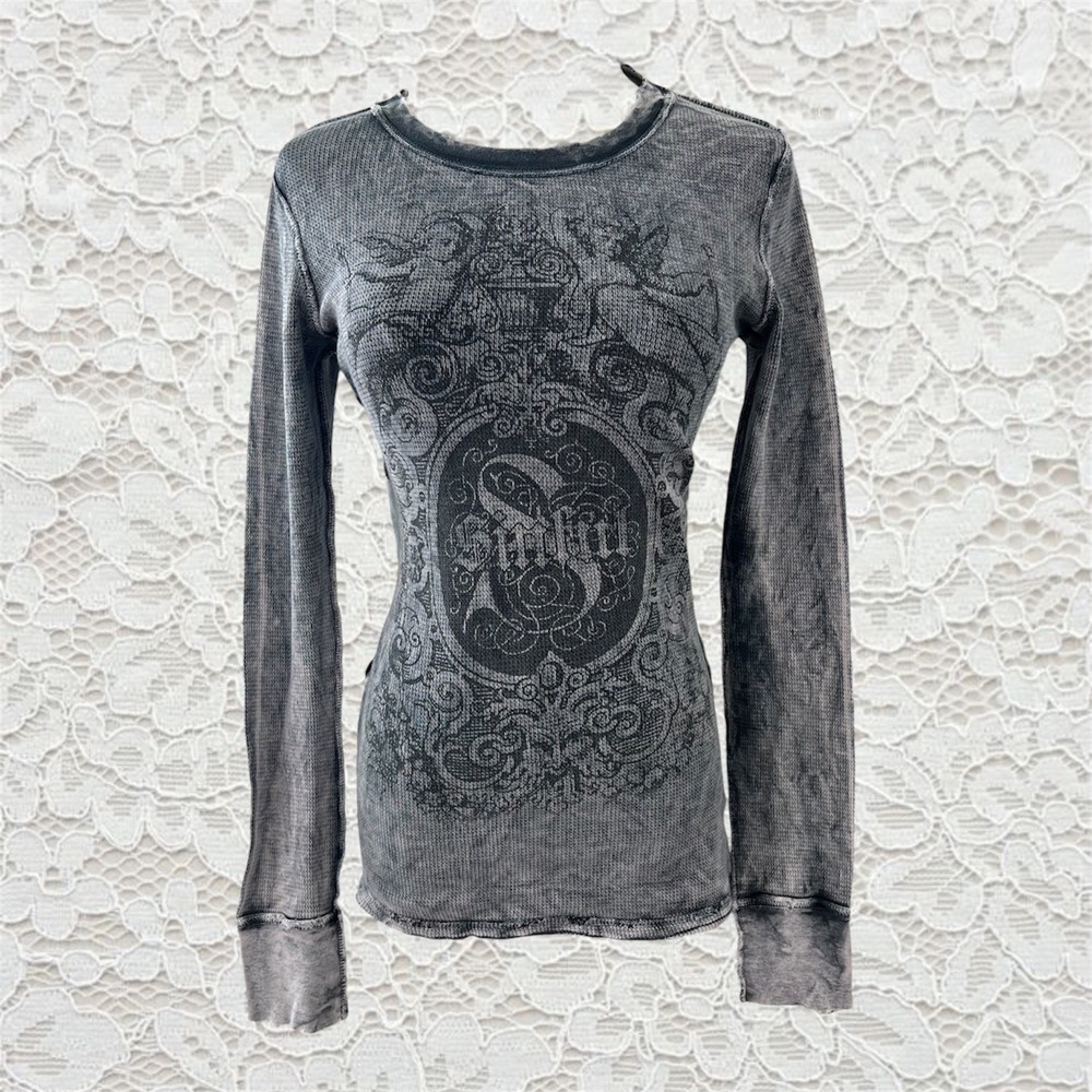 vintage cyber y2k sinful by affliction reversible fitted long sleeve graphic top